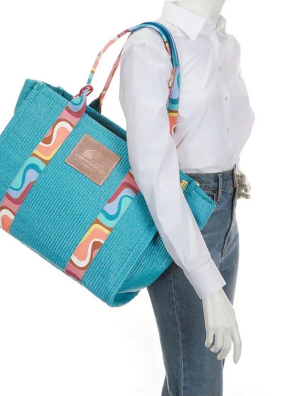 Turquoise Pattern-Trim Straw Tote Bag